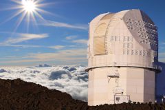 NSF’s Inouye Solar Telescope is a 4 meter solar telescope located on Maui, Hawai’i. Here, it sits atop Haleakalā, high above the clouds, with the perfect coronal skies visible in the background (NSO-AURA-NSF 2020)